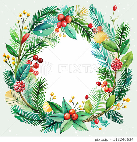 A watercolor Christmas painting of a wreath with green leaves and red berries. The wreath is surrounded by a white background A watercolor Christmas painting of a wreath with green leaves and red berries. The wreath is surrounded by a white background 118246634