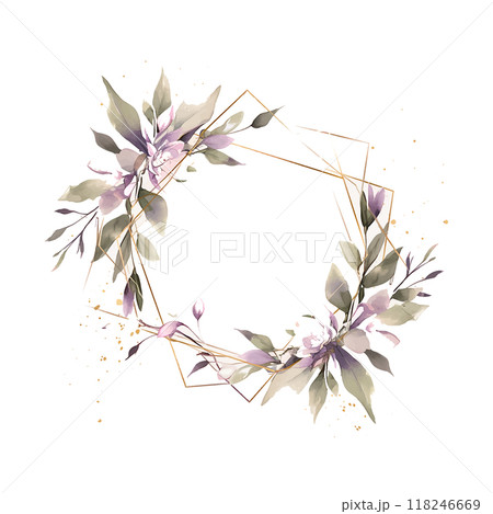 A flowery wedding design with a gold frame. The flowers are purple and green A flowery wedding design with a gold frame. The flowers are purple and green 118246669