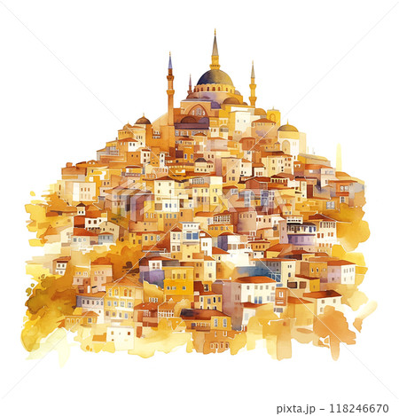 A painting of a city Istanbul with a large building in the background. The painting is in watercolor and has a warm, inviting feel A painting of a city Istanbul with a large building in the background. The painting is in watercolor and has a warm, inviting feel 118246670