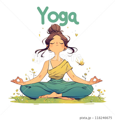 A woman is sitting in a field, meditating. The image is titled "Yoga." The woman is surrounded by flowers and butterflies, which adds a sense of peace and tranquility to the scene 118246675