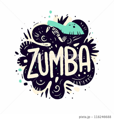 A colorful, abstract logo for Zumba. The logo is a circle with a swirl pattern and the word Zumba written in a bold, artistic font. The design conveys a sense of energy and movement 118246688