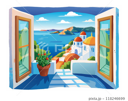 A window Greece view of a city with a blue ocean in the background. The window is open and a potted plant is on the ledge A window Greece view of a city with a blue ocean in the background. The window is open and a potted plant is on the ledge 118246699