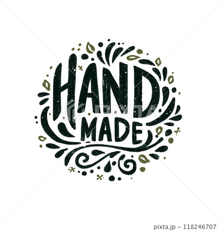 Handmade is a black and white logo with a white background. The logo is written in cursive style and has a flowing, artistic design. The logo conveys a sense of creativity and craftsmanship 118246707