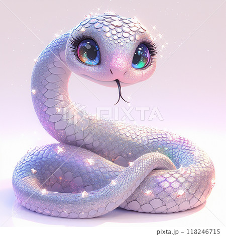 2025 3D cute snake with rainbow colored eyes and a pink nose is sitting on a white background. The snake is surrounded by glitter, giving it a magical and whimsical appearance 118246715