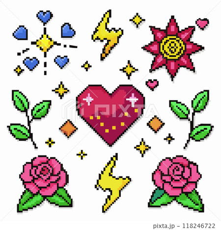 A collection of pixelated images of hearts, stars, and lightning bolts. The images are arranged in a grid, with each image separated by a white space 118246722
