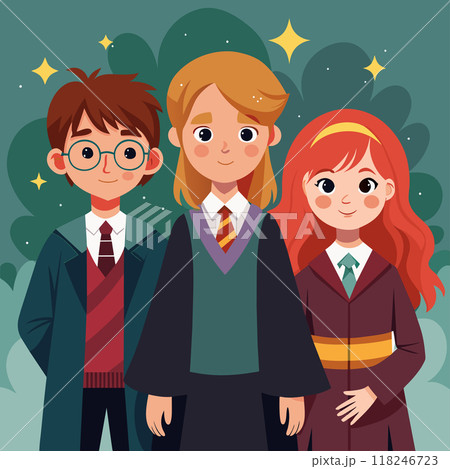 Three children dressed in wizard robes pose for a picture. 118246723