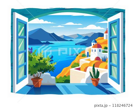 A window Greece view of a city with a blue ocean in the background. The window is open and a potted plant is on the ledge 118246724