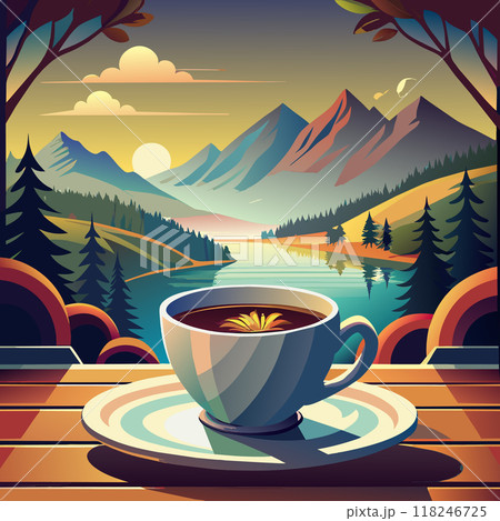 A cup of coffee is sitting on a plate in front of a mountain range. Concept of calm and relaxation, as the viewer can imagine themselves sitting on a mountaintop, sipping a warm cup of coffee 118246725