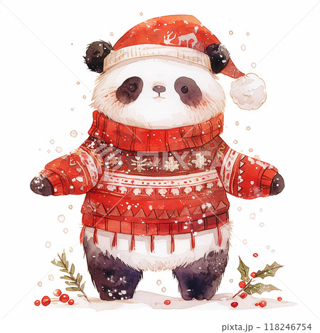 A panda wearing a red Santa hat and a red sweater. The panda is standing in the snow with berries around it 118246754