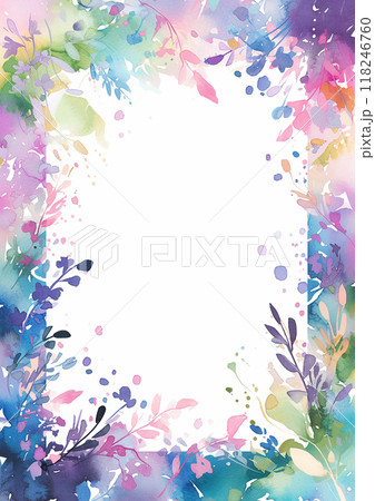 A colorful painting of a flowery frame border with a white background. The painting is full of bright colors and has a lively, cheerful mood 118246760