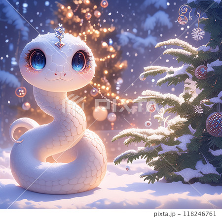 2025 A cartoon 3D snake is standing in front of a Christmas tree. The tree is decorated with many ornaments, including a large gold ball. The snake is looking up at the tree, as if admiring the 118246761