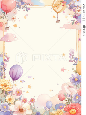 A colorful children's frame of balloons and stars. The balloons are in various colors and sizes, and the stars are scattered throughout the frame. Scene is cheerful and celebratory 118246762