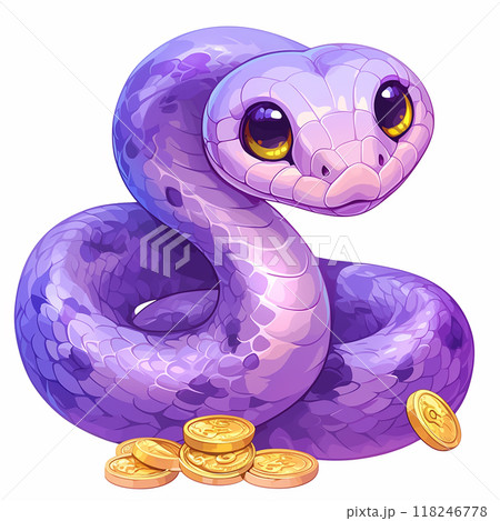 2025 A purple snake with gold coins on its belly. The snake is cute and has yellow eyes. 2025 A purple snake with gold coins on its belly. The snake is cute and has yellow eyes. 118246778