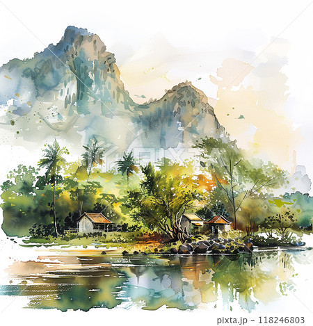 Vietnam A painting of a mountain range with a river and houses in the valley. The mood of the painting is peaceful and serene 118246803