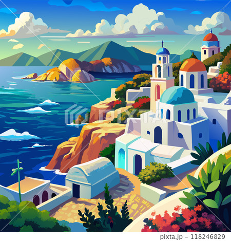Greece painting of a small village with a blue church and a white house. The village is located near the ocean and has a peaceful, serene atmosphere 118246829