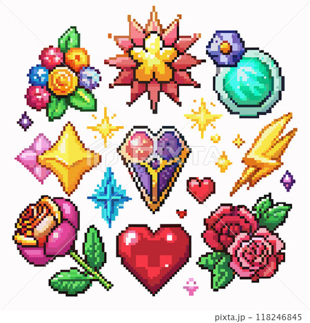 A collection of colorful pixelated images, including hearts, flowers, and jewels, create a vibrant and playful atmosphere A collection of colorful pixelated images, including hearts, flowers, and jewels, create a vibrant and playful atmosphere 118246845