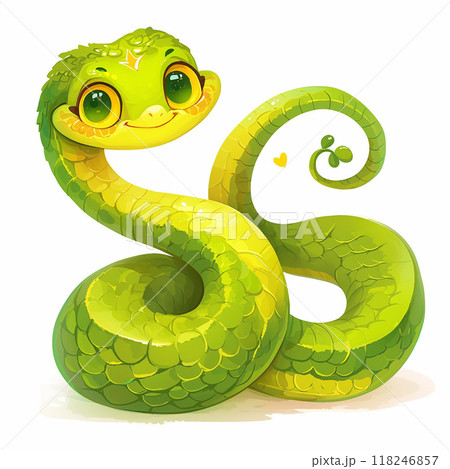 A green snake with a smile on its face. The snake is sitting on a white background. 118246857