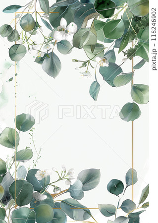 A frame of green leaves with a white background. The frame is gold and the leaves are painted in a watercolor style A frame of green leaves with a white background. The frame is gold and the leaves are painted in a watercolor style 118246902