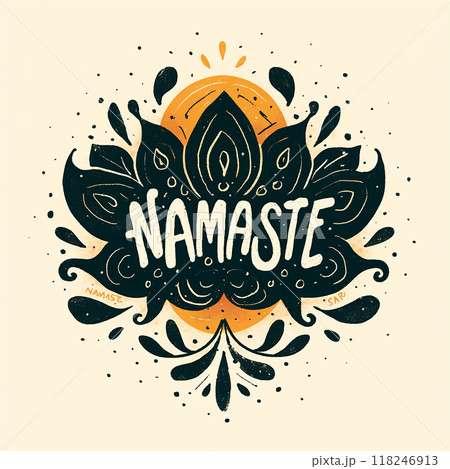 Logo flower with the word Namaste written in the center. The flower is surrounded by water and has a yellow background 118246913