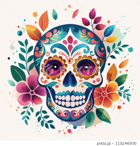 Day of the dead colorful skull with flowers and leaves surrounding it 118246930