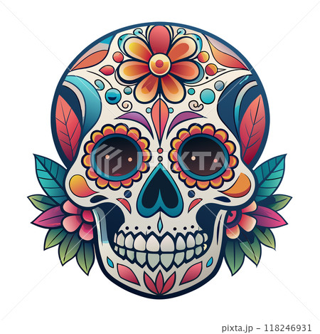 Day of the dead colorful skull with flowers and leaves surrounding it 118246931