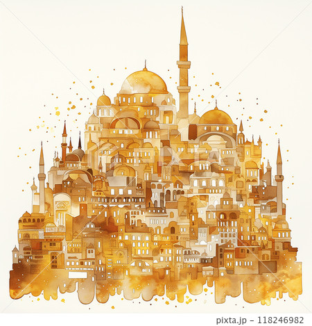 Istanbul A painting of a city with many buildings and a large dome. The painting is in yellow and white colors Istanbul A painting of a city with many buildings and a large dome. The painting is in yellow and white colors 118246982