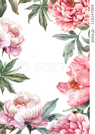 A watercolor painting of pink flowers with green leaves. The flowers are arranged in a circle, with one of them being the largest. The painting has a soft, delicate feel to it A watercolor painting of pink flowers with green leaves. The flowers are arranged in a circle, with one of them being the largest. The painting has a soft, delicate feel to it 118247004