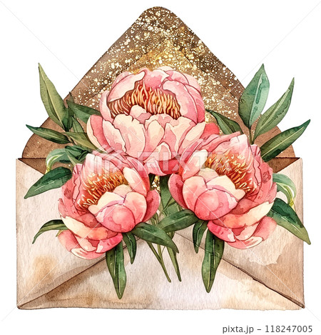 A gold and pink envelope with three pink flowers on it. The flowers are arranged in a way that they look like they are blooming. The envelope is decorated with glitter, giving it a shiny 118247005