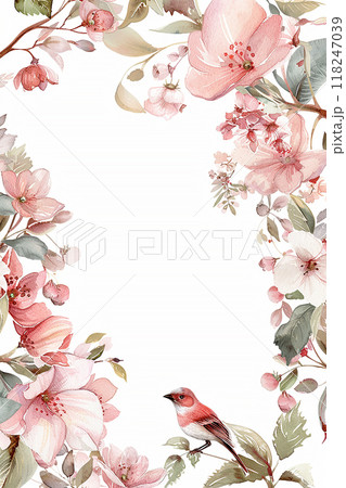 Flowers Frame a bird is perched on a branch of a pink flower. The bird is red and white. The flower is pink and has green leaves. 118247039