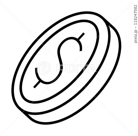A vector image depicting a side view of a coin with a dollar sign. Ideal for finance, savings, investment, banking, and economic themes. Simple, monochrome design, perfect for various applications. 118247082