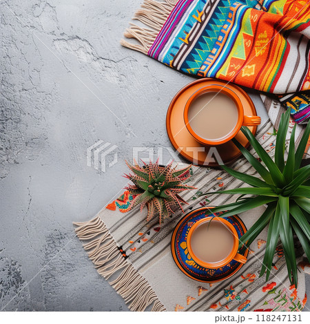 Flatlay composition with Mexican horizontal postcard mock up on light background, space for text, Cozy mexican atmosphere Flatlay composition with Mexican horizontal postcard mock up on light background, space for text, Cozy mexican atmosphere 118247131