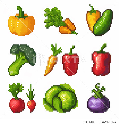 A collection of vegetables and fruits in a pixelated style. The vegetables include carrots, broccoli, and squash A collection of vegetables and fruits in a pixelated style. The vegetables include carrots, broccoli, and squash 118247133