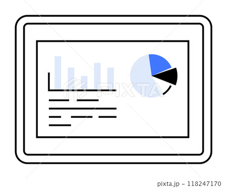 The image shows a digital tablet displaying a bar graph and a pie chart. The graphs represent statistical data, using blue and black colors. This image theme is related to technology, finance, busines 118247170