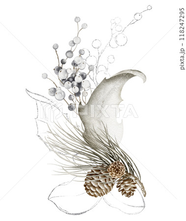 Plant Christmas Watercolor Bouquet. Set Christmas-tree flowers of muted pine branches and pine cones with berries. X mas celebrate holiday decoration hand drawn for templates and invitations. Plant Christmas Watercolor Bouquet. Set Christmas-tree flowers of muted pine branches and pine cones with berries. X mas celebrate holiday decoration hand drawn for templates and invitations. 118247295