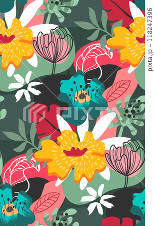 Vector seamless pattern with bright flowers and leaves. Endless floral background. 118247396
