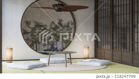 japan low table and pillow in modern living room colorful style. 3D render japan low table and pillow in modern living room colorful style. 3D render 118247709