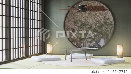 green design in modern living room with low table ,lamp,vase, and decor Japanses style. 3D rendering green design in modern living room with low table ,lamp,vase, and decor Japanses style. 3D rendering 118247712