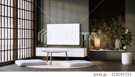 Mock up Cabinet wooden japanese design on living room empty .3D rendering 118247721