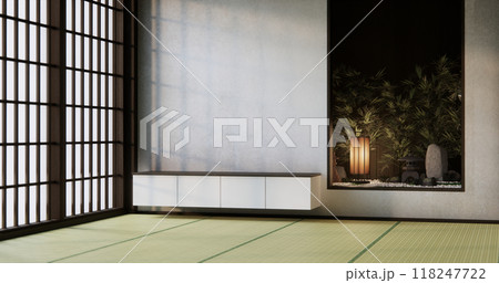 Cabinet wooden japanese design on living room zen style empty wall background.3D rendering 118247722