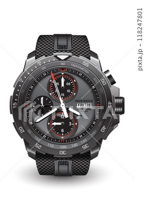 Realistic watch clock black steel face white arrow number with fabric strap on isolated design classic luxury vector 118247801