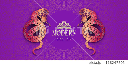 Happy Chinese New Year, bright purple card with snakes and a round frame 118247803