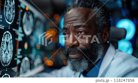 An elderly neuroscientist examines detailed brain scans displayed on a digital screen in a modern neuroscience laboratory 118247856