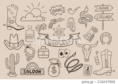 Wild West illustration set with cactus, cowboy hat, cow skull, game cards, scorpio and etc. Wild West illustration set with cactus, cowboy hat, cow skull, game cards, scorpio and etc. 118247908