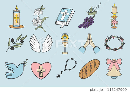 Greeting card with a blue heart filled with First Communion icons like a chalice, cross, and candle. Perfect for invitations, celebrations, or religious events. 118247909