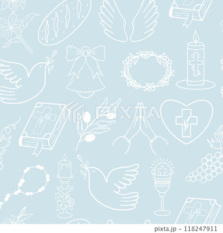Seamless First Communion pattern with religious symbols. Perfect for backgrounds, packaging, or fabric designs related to spiritual occasions. 118247911