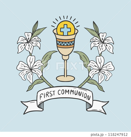 Illustration of a chalice and a lily flower for First Communion on a light blue background. A ribbon with the text "First Communion" elegantly wraps around the chalice, making this design ideal for 118247912