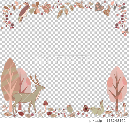 Autumn frame with deer, squirrel and parrot. Background material of animals and autumn plants. 118248162