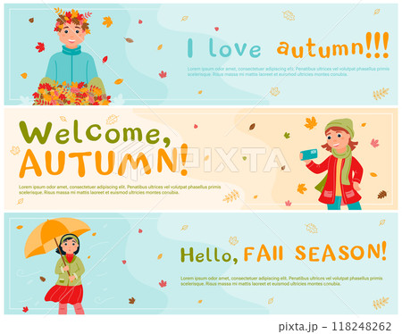 A set of banners. A group of children walking outside in autumn. Girls and boys are playing with falling leaves. Leaf fall. The autumn season. Hello, fall season! Vector illustration in a flat style. A set of banners. A group of children walking outside in autumn. Girls and boys are playing with falling leaves. Leaf fall. The autumn season. Hello, fall season! Vector illustration in a flat style. 118248262