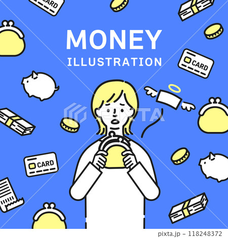 がま口財布を持って困っている女性とお金のアイコンセット 118248372