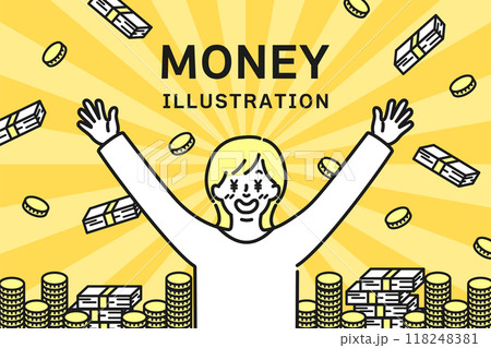 沢山のお金と目が￥になっている女性のイラスト 118248381